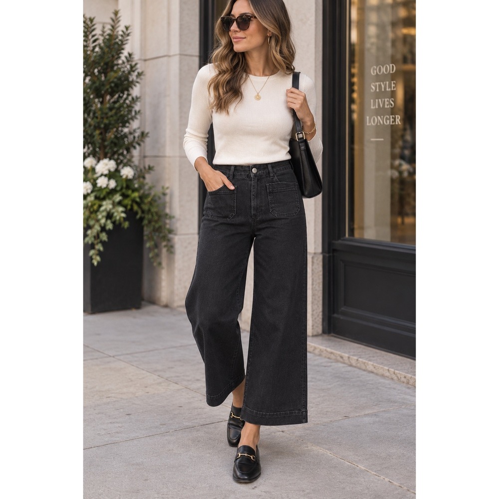 Pilcro Anthropologie Wide Leg High Rise Black Denim Patch Pocket Sz 30